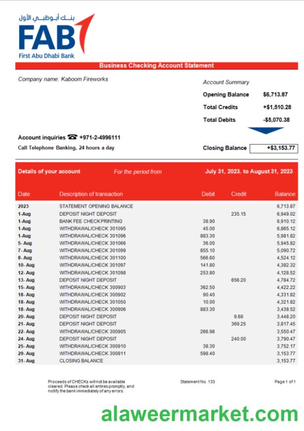 FAB Bank company statement Word and PDF template